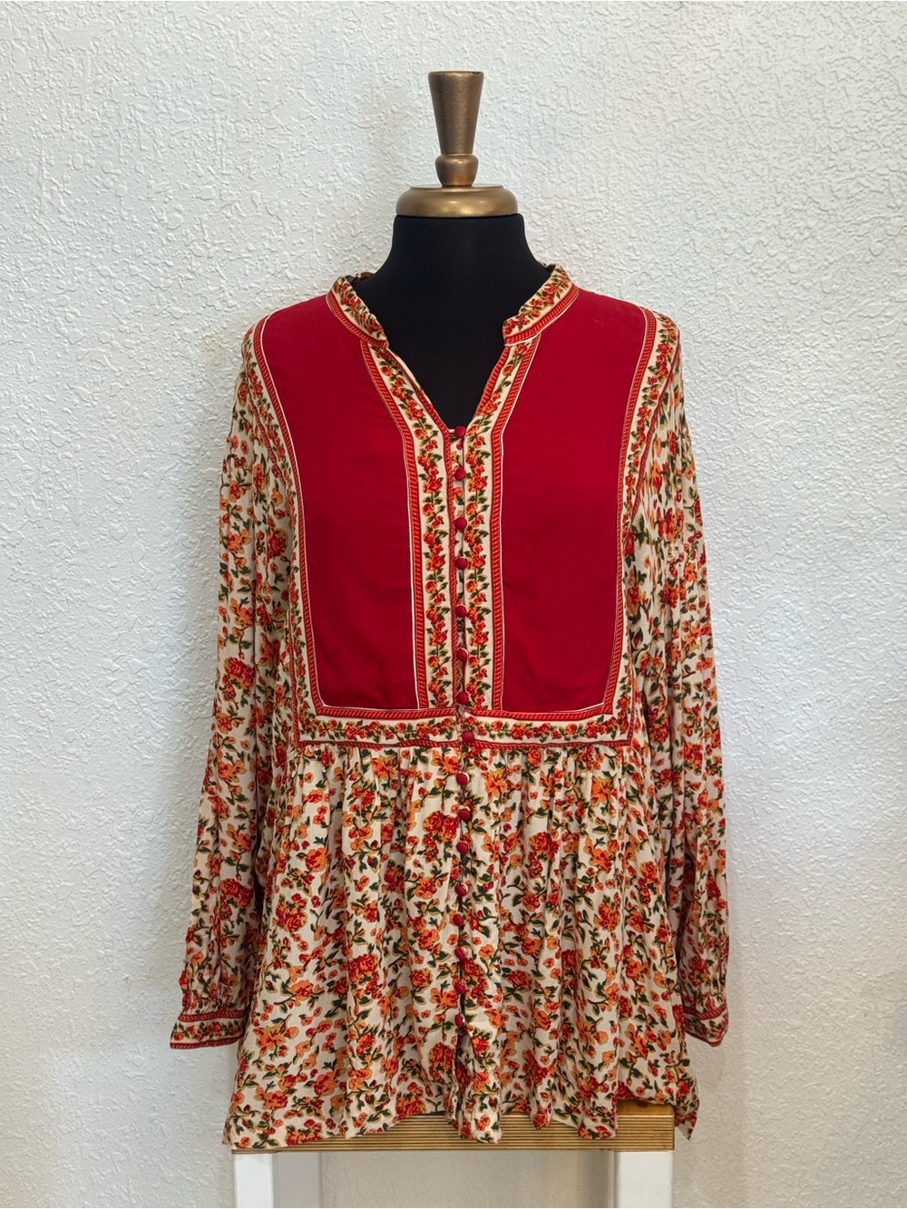 Woman Within Floral Tunic with Cream, Orange and Green Print